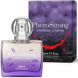 Parfümflasche und Verpackung von PheroStrong für Männer, lila Design mit roten und blauen Akzenten.