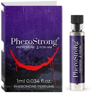 Lila PheroStrong Pheromonparfüm für Männer, 1 ml Flasche neben Verpackung mit rotem Lächeln-Design.