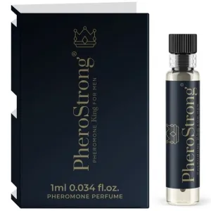 Dunkle Verpackung und Fläschchen von PheroStrong Pheromon-Parfüm für Männer, 1 ml.