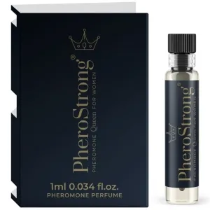 Dunkle Verpackung und Fläschchen von PheroStrong Pheromon-Parfüm für Frauen, 1 ml.