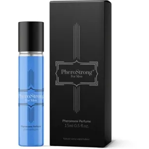 Blaues PheroStrong Parfüm für Männer, 15 ml, neben schwarzer Verpackung mit silbernem Logo und Text.