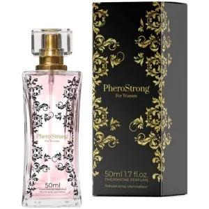 Parfümflasche und Verpackung von PheroStrong für Frauen, 50 ml, mit goldenen Verzierungen.