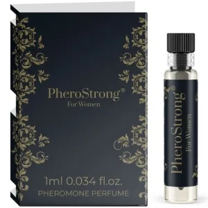 Schwarze Verpackung und Fläschchen von PheroStrong Pheromon-Parfüm für Frauen, 1 ml, mit goldenen Verzierungen.
