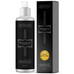 Schwarze Flasche und Verpackung von PheroStrong Massageöl für Männer, 100 ml, mit Pheromonen.
