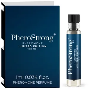 PheroStrong Pheromon-Parfüm für Männer, Limited Edition, 1 ml Fläschchen neben Verpackung.
