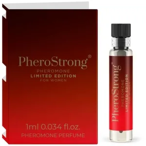 Rotes PheroStrong Pheromon-Parfüm für Frauen, Limited Edition, 1 ml Fläschchen neben Verpackung.