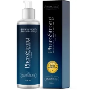 Blue PheroStrong massage oil with pheromones, 100 ml, next to matching packaging.