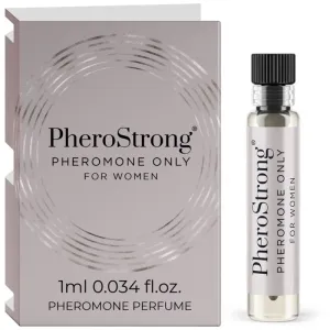PheroStrong Pheromon-Parfüm für Frauen, 1 ml Fläschchen neben Verpackung.