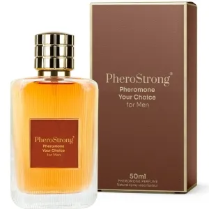 Parfümflasche und Verpackung von PheroStrong Pheromone Your Choice for Men, 50 ml, in Braun und Gold.