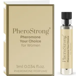 Beige Verpackung und Fläschchen von PheroStrong Pheromon-Parfüm für Frauen, 1 ml.