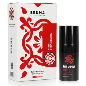 Bruma Stimulating Gel, Erdbeerduft, 15 ml, weiße Verpackung mit rotem Muster und schwarzer Flasche.