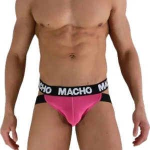 Mann trägt pinken Jockstrap mit schwarzem Bund, auf dem 