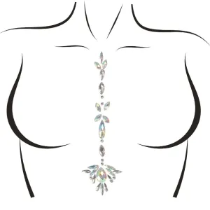 Schmucksteine in vertikaler Anordnung auf stilisiertem Oberkörper, mit floralen und geometrischen Formen.