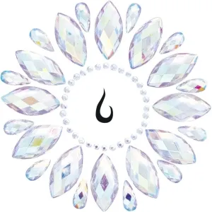 Kristallförmige Edelsteine in Kreisform um ein schwarzes Symbol auf weißem Hintergrund.
