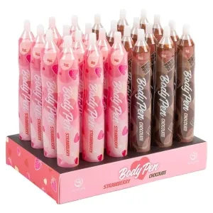 Display mit Body Pens in Erdbeer- und Schokoladengeschmack, rosa und braune Verpackungen.