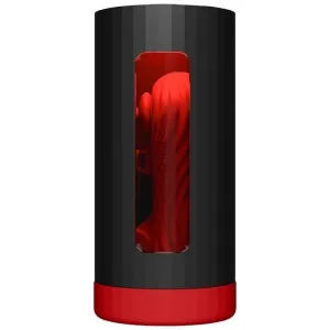 Schwarzes zylindrisches Gerät mit rotem Akzent und durchsichtigem Fenster, das ein rotes, strukturiertes Inneres zeigt.