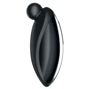 Schwarzes, ergonomisches Massagegerät mit rundem Kopf, seitliche Ansicht.