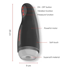 Schwarzes Gerät mit Tasten, 25 cm hoch, 9 cm breit, weiches Material, leistungsstarker Motor, Vibrations- und Druckfunktion.