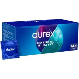 Durex Natural Slim Fit Kondomverpackung, 144 Stück, blaue Schachtel mit einem einzelnen Kondom im Vordergrund.