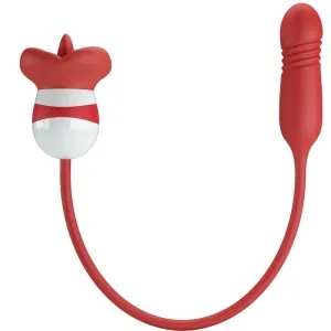 Rotes, längliches Silikonspielzeug mit flexiblem Kabel und zwei unterschiedlich geformten Enden.