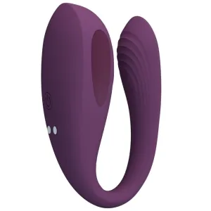 Lila, U-förmiger Vibrator mit strukturiertem Design und seitlichem Einschaltknopf.