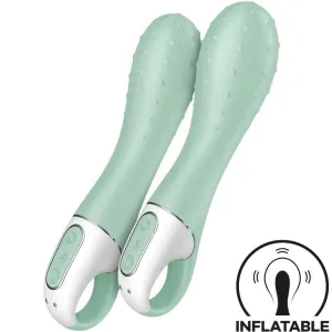 Two mint green, inflatable vibrators with textured surfaces and controls, symbol for inflation.