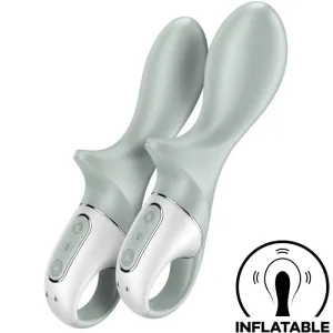 Two inflatable, grey silicone vibrators with white handles and controls, inflation symbol in the bottom right corner.