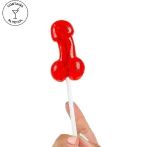 Roter Lutscher in Form eines Penis, gehalten von einer Hand. Enthält Alkohol.