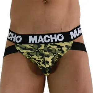 Man wears camouflage jockstrap with black waistband that says 