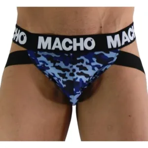 Mann trägt blaues Camouflage-Jockstrap mit schwarzem Bund, auf dem 