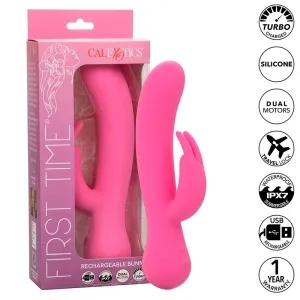 Pinkes Vibrator-Spielzeug in Verpackung, mit Symbolen für Turbo, Silikon, Dualmotoren, Reisesperre, wasserdicht, USB, Garantie.