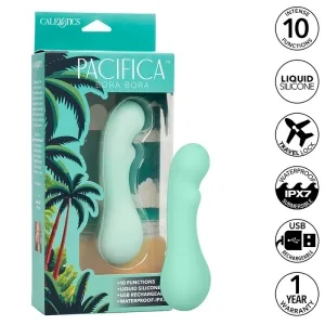 Mintgrüner Vibrator in Verpackung mit Palmenmotiv, 10 Funktionen, wasserdicht, USB-aufladbar, 1 Jahr Garantie.