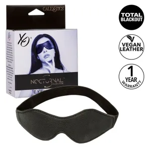 Schwarze Augenmaske aus veganem Leder, Verpackung mit Frau, Text: 