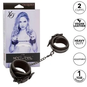 Verpackung und schwarze Handschellen aus veganem Leder, schwer belastbar, verstellbar, mit 1 Jahr Garantie.