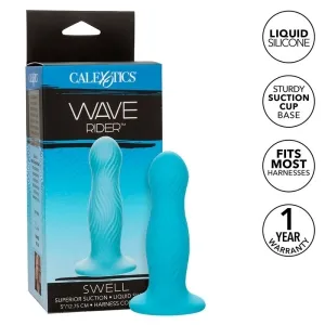 Blauer Silikon-Dildo mit Wellenstruktur, Verpackung zeigt 