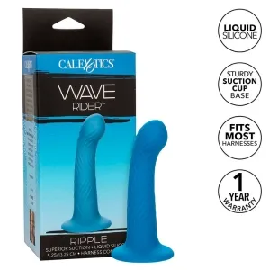 Blue silicone dildo with packaging, brand name 