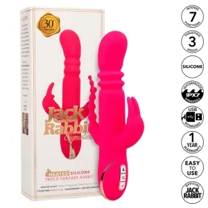 Pinkes Vibrator-Spielzeug neben Verpackung mit Funktionen: 7 Modi, 3 Geschwindigkeiten, wasserdicht, USB-aufladbar.