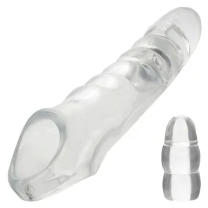 Transparenter, gerippter Silikonaufsatz in Fingerform, mit kleinerer Ansicht daneben.
