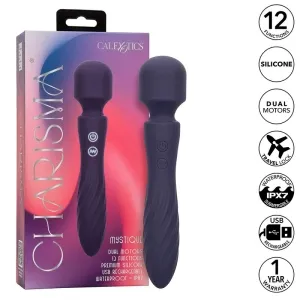 Purple massager with packaging, 12 functions, silicone, dual motors, waterproof, USB rechargeable, 1 year warranty.