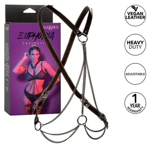 Black tableware with chains, packaging shows model, vegan, robust, adjustable, 1 year warranty.