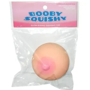 Rundes, hautfarbenes Squishy-Spielzeug in Plastikverpackung mit rosa Etikett, Aufschrift 