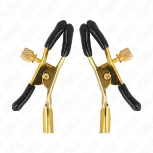 Zwei goldene Klemmen mit schwarzen Griffen und Schraubmechanismus, auf weißem Hintergrund.