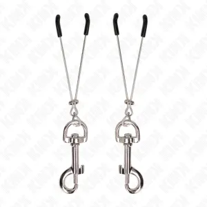 Two silver metal clips with black rubber tips and hooks, on a white background.