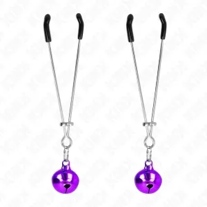Two silver clips with black tips and purple bells at the ends, on a white background.