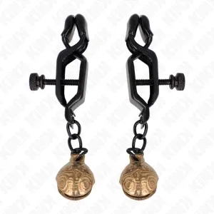 Zwei schwarze Klemmen mit Schraubverschluss und goldenen Glockenanhängern.