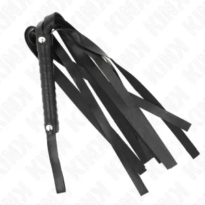 Black leather whip with multiple straps and a handle, on a white background.