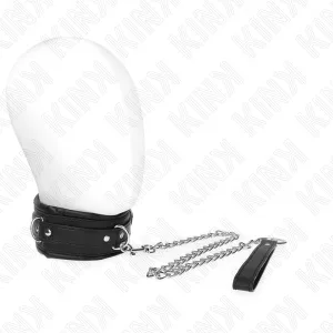 Schwarzes Halsband mit Kette und Griff auf weißem Hintergrund.