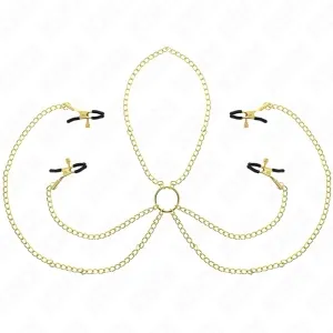 Golden chains with four black clasps attached to a central ring, on a white background.