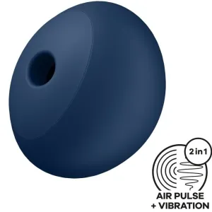 Dunkelblaues, rundes Gerät mit Öffnung, 2-in-1 Luftimpuls und Vibration, Symbol unten rechts.