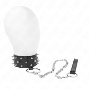 Black collar with studs and chain on a white background.